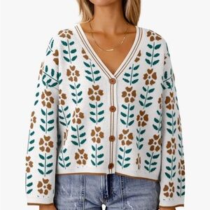 Floral Patterned White and Brown Women's Sweater